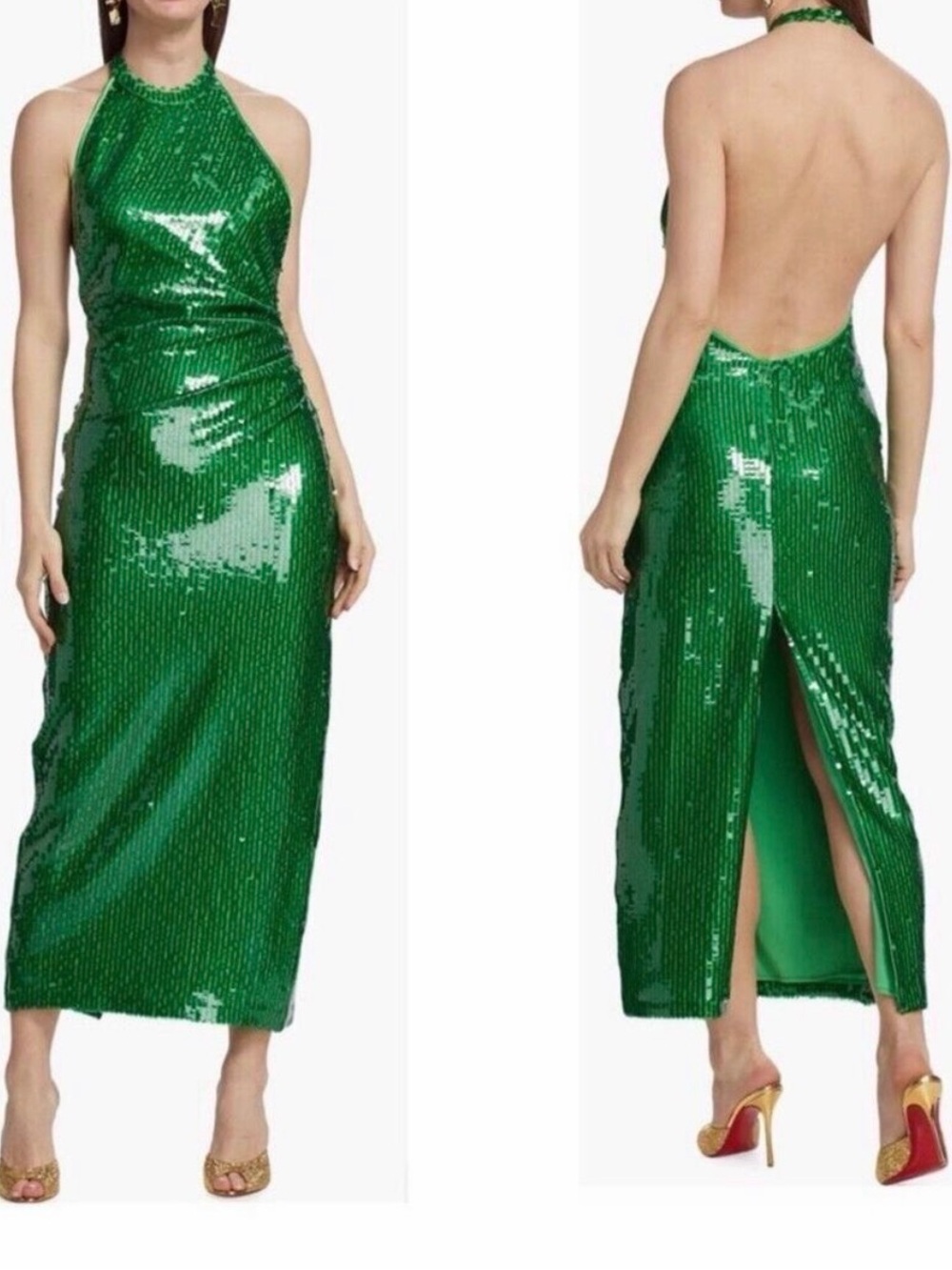 Ronny Kobo Collection Emerald Green Sequin Halter Backless Midi Dress XS